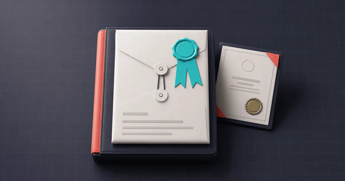 Stylized SOC 2 audit report with a cyan ribbon-seal next to an ISO 27001 certificate — Ctrl Alt Grow