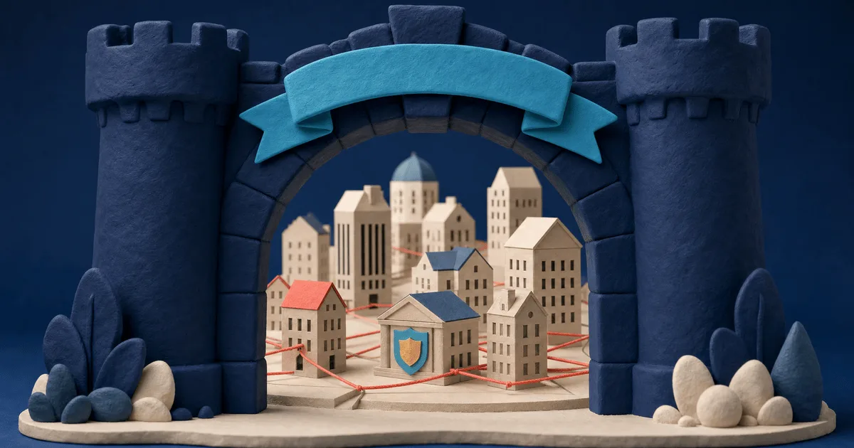 Illustration — NIS2: a fortified gateway and connected network of buildings represent European infrastructure protected by the directive.